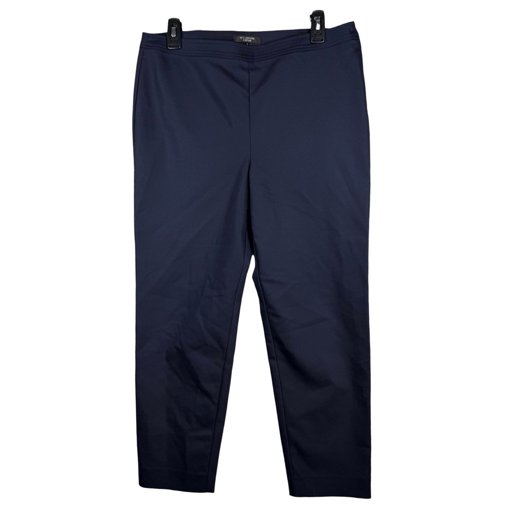 St. John Caviar Pants 10 Navy Blue Straight Leg Pull On Stretch Knit Trouser Mad